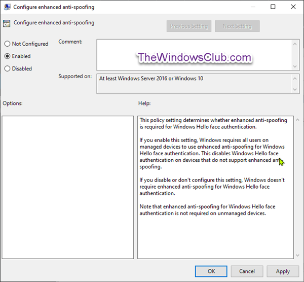 Windows 10 HelloFaceAuthentificationの強化されたスプーフィング防止を有効にする