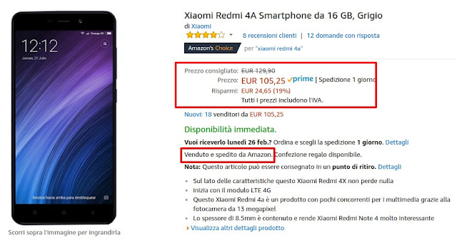 Xiaomi Redmi 4A venduto e spedito da Amazon a 105 euro