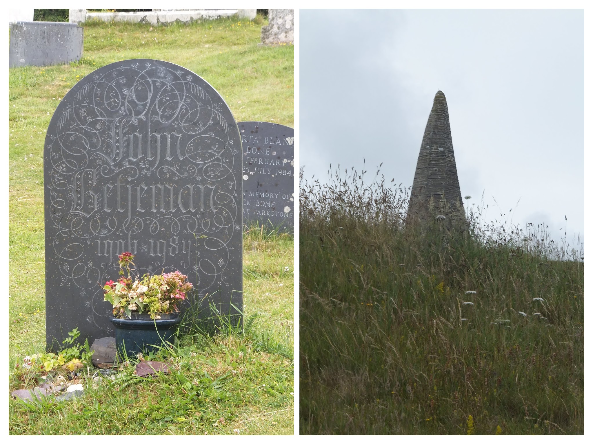On the left is Sir John Betjemans gravestone and on the right, the church hidden in the sand dunes
