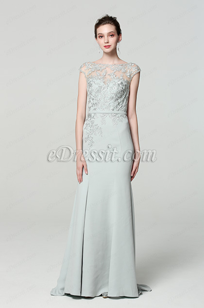 Grey Cap sleeves Embroidery Prom Party Dress 
