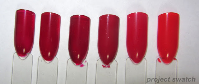 swatches - 1 - Sally Hansen CSM Red Zin, 2- Zoya Alix, 3- Sally Girl Unknown, 4- Illamasqua Throb, 5- Kleancolor Red, 6- Wet n Wild Fast Dry Everyone Loves Redmond