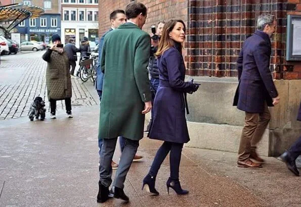 Crown Princess Mary. Princess Marie wore Hugo Boss Casenosa tie-waist coat in Italian virgin wool with cashmere in navy