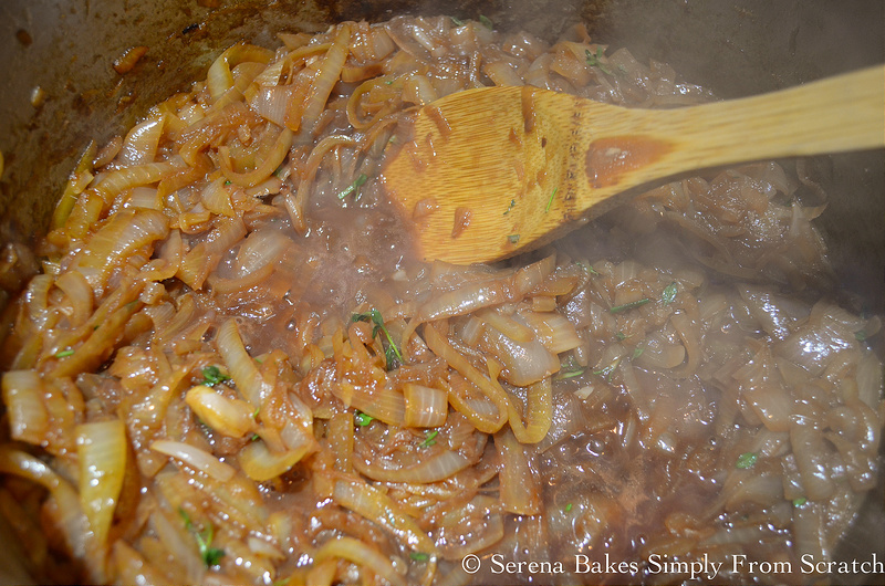 Caramelized Onions with red wine to deglaze pan.