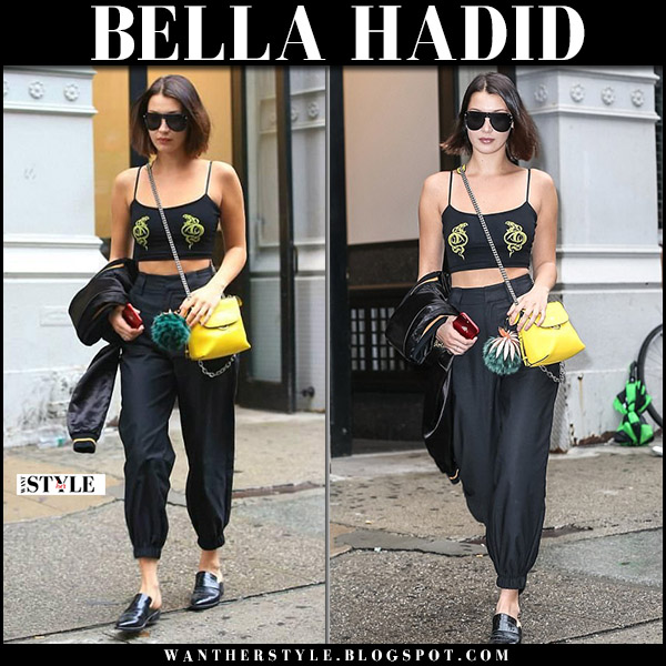Bella Hadid in black crop top and black cargo pants in New York on September 6 I want her