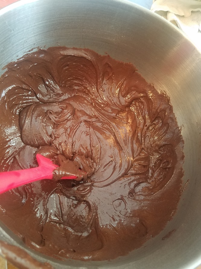 this is chocolate mayonnaise cake batter in a silver kitchenaid pan