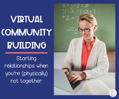 Image: Woman using laptop with chalkboard in the background, Text: Virtual Community Building, starting relationships when you're not physically together
