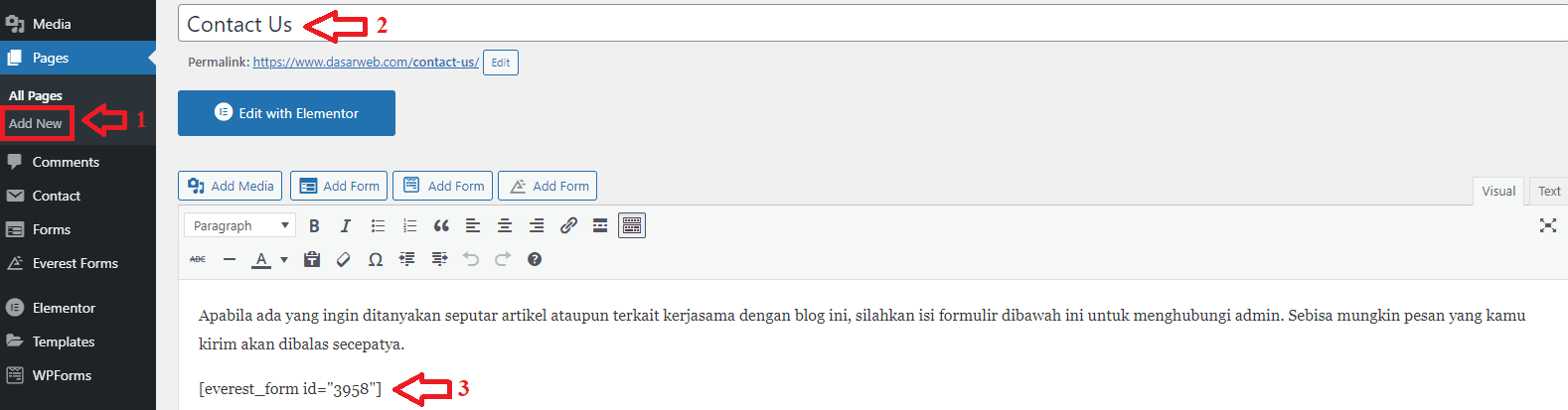 Membuat Halaman Formulir Kontak di WordPress Melalui Menu Pages Membuat Halaman Formulir Kontak di WordPress Melalui Menu Pages