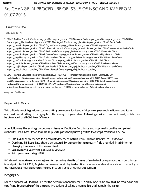 Change In Procedure Of Issue Of Duplicate Nsc Kvp From 01 07