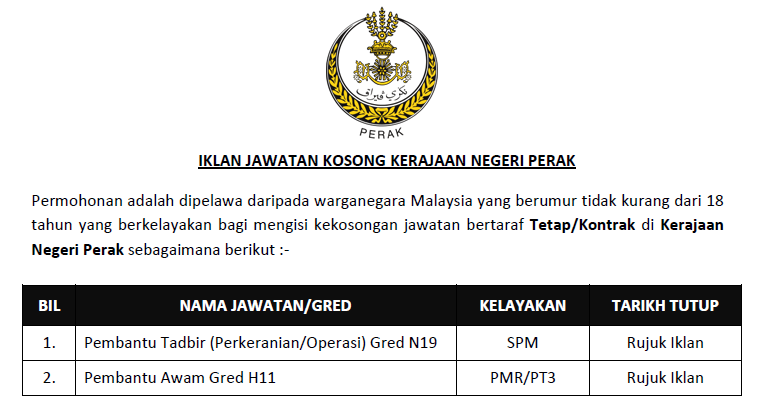 Permohonan Jawatan Kosong Kerajaan Negeri Perak Kelayakan Pmr Pt3 Spm