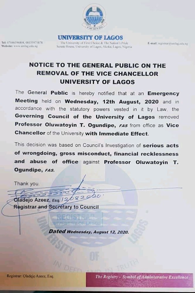 UNILAG Removes Vice Chancellor from Office for Misconducts