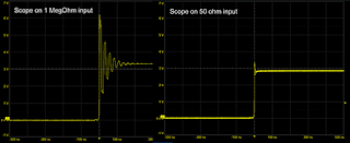 Fast buffered signal over a 1 megaohm input, and same signal over 50 ohm input