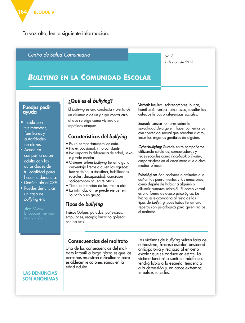 Elaborar un triptíco sobre la prevención del bullying en la comunidad escolar - Español 5to Bloque 5 2014-2015