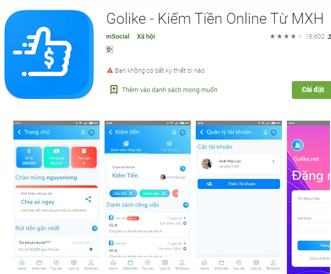 Golike - Ứng dụng kiếm tiền từ MXH cho Android, PC - ChPlayc