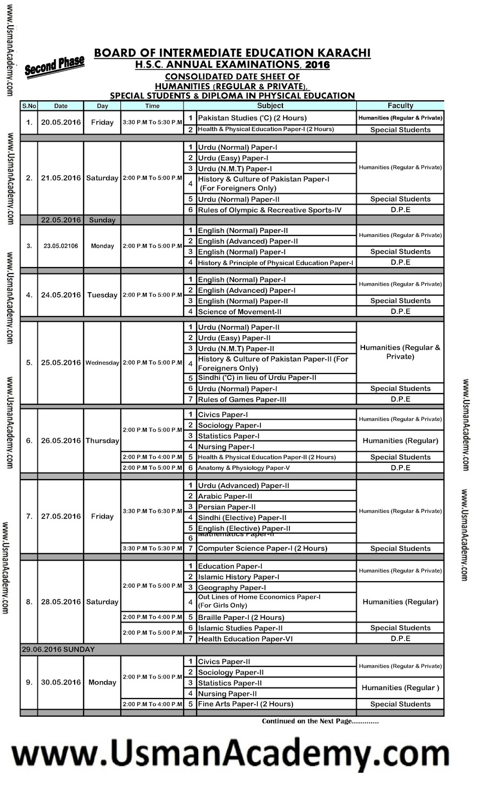 BIEK Karachi Board Inter 1st Year & 2nd Year Date Sheet 2020
