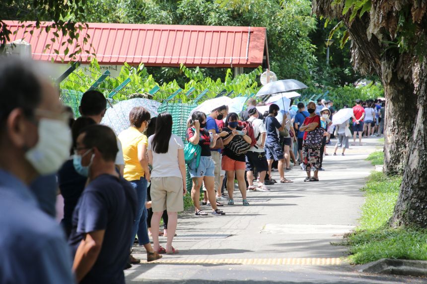 A long queue was formed at the screening centre at the former Da Qiao Primary School, on May 3, 2021.
