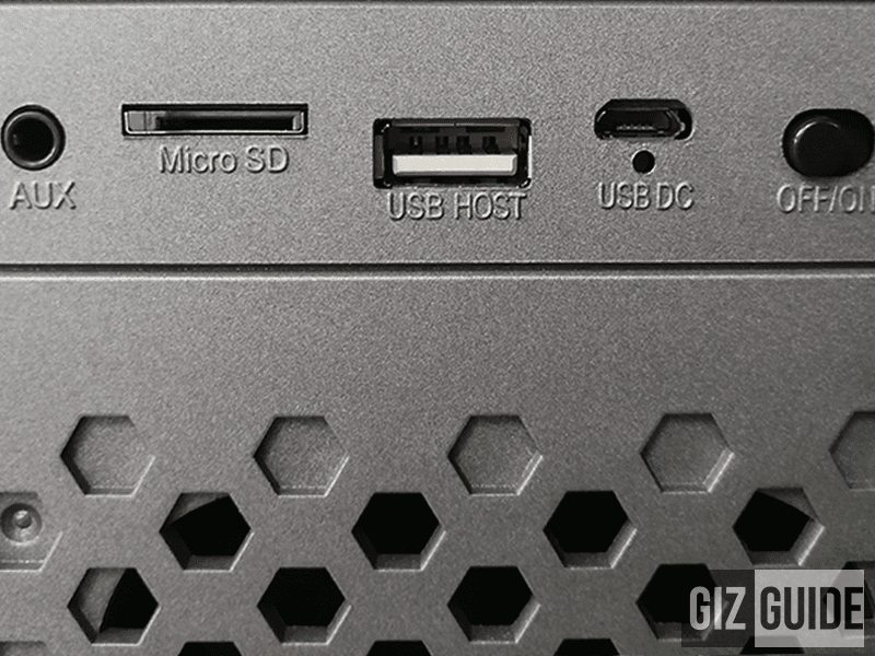 Close-up of the ports and buttons behind