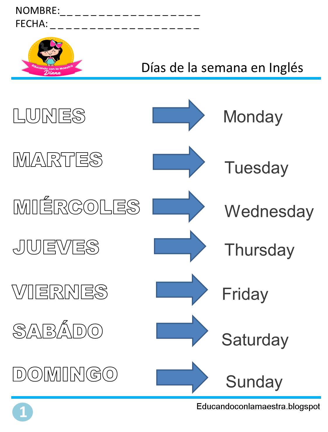 Educando con la Maestra Dias de las semana y Meses en Ingles/ fichas