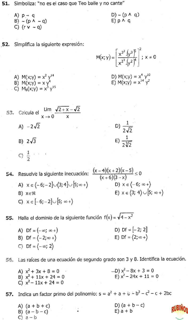 ÁLGEBRA UNHEVAL EXAMEN INGRESO UNIVERSIDAD VALDIZAN