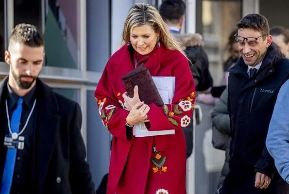 Queen Maxima wore Oscar de la Renta claret multi embroidered wool cashmere coat