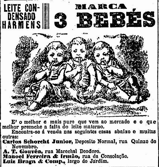 Propaganda do Leite Condensado Harmens - Marca 3 Bebês, de 1907: substituição ao leite materno.