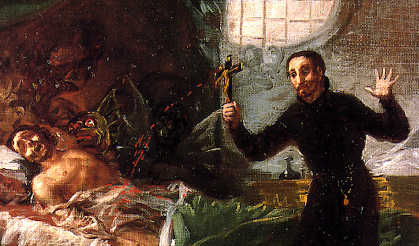 изгнание злых духов из человека. экзорцист изгоняет бесов. франсиско гойи картина дьявол. дьявол в христианстве. живопись сумасшедших людей.