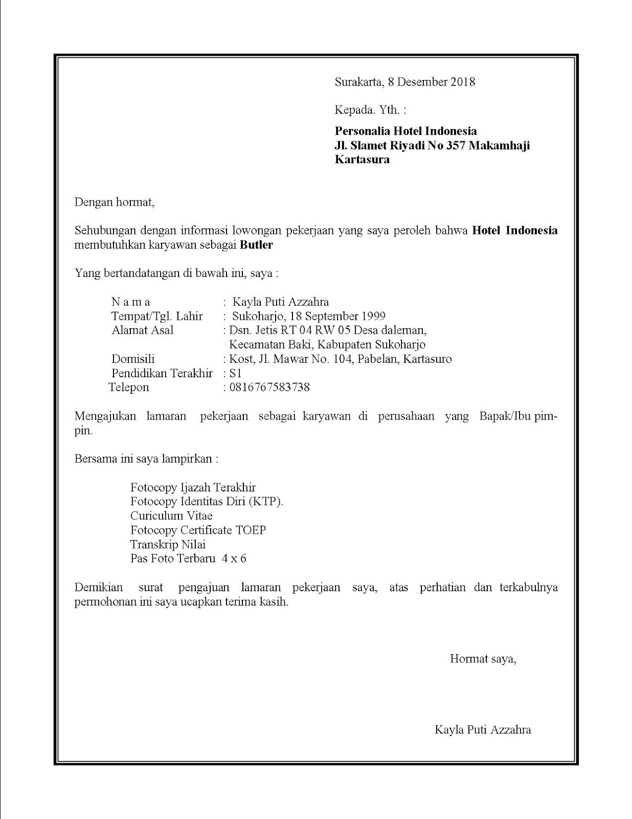 21 Contoh Surat Lamaran Kerja Di Hotel Lengkap Dengan Posisinya