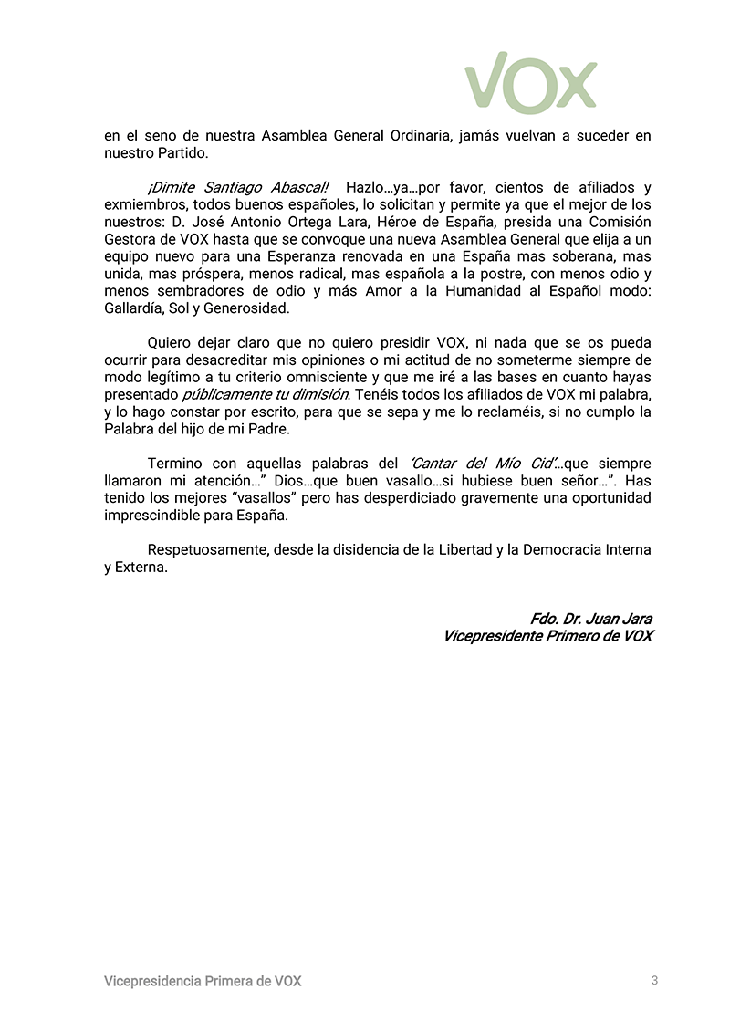 Juan Jara, vicepresidente de VOX, pide la dimisión de Santi Abascal y denuncia la situación interna de VOX  Vox3