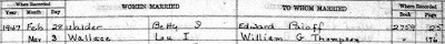 "California, County Birth, Marriage, and Death Records, 1849-1980," database, Ancestry (www.ancestry : accessed 29 Jul 2020), entry for Betty I Walder and Edward Paioff, 28 Feb 1947 including column headers.