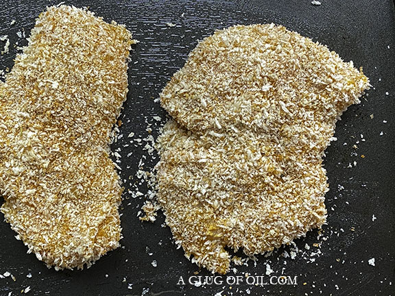 Crumbed chicken ready for the oven