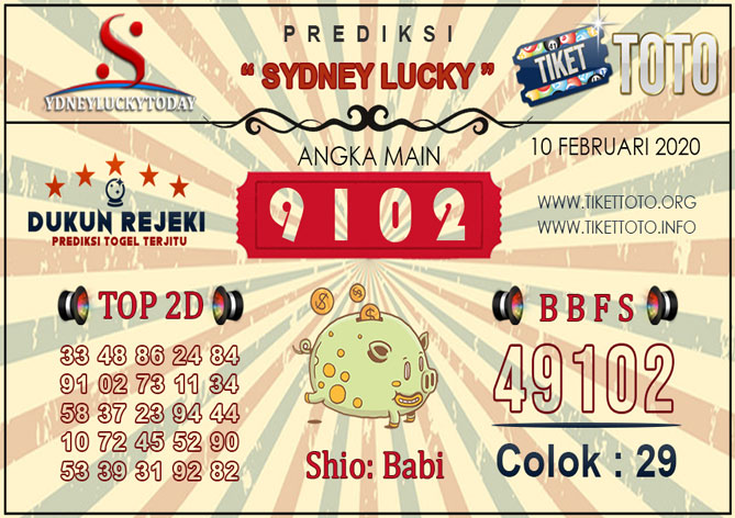 Prediksi Togel SYDNEY LUCKY TIKETTOTO 10 FEBRUARI 2020