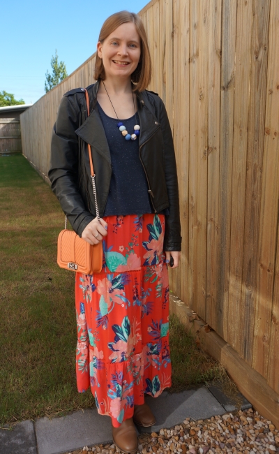 leather jacket, navy tee over floral print maxi dress sundress in winter coral rebecca minkoff love bag | away from blue
