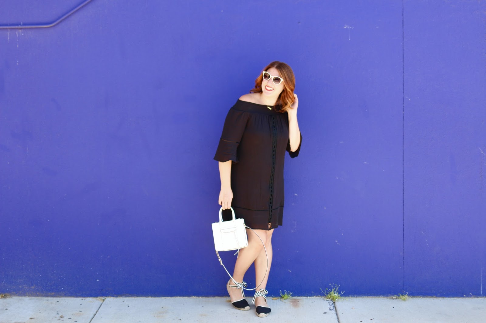 Target, mossimo, off the shoulder, black dress, summer outfit, mini MAC minkoff 
