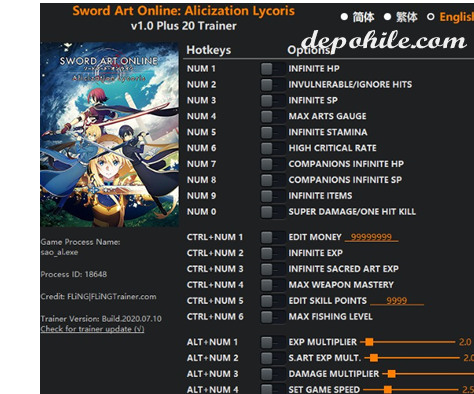 Sword Art Online Alicization Lycoris +20 Trainer Hilesi İndir