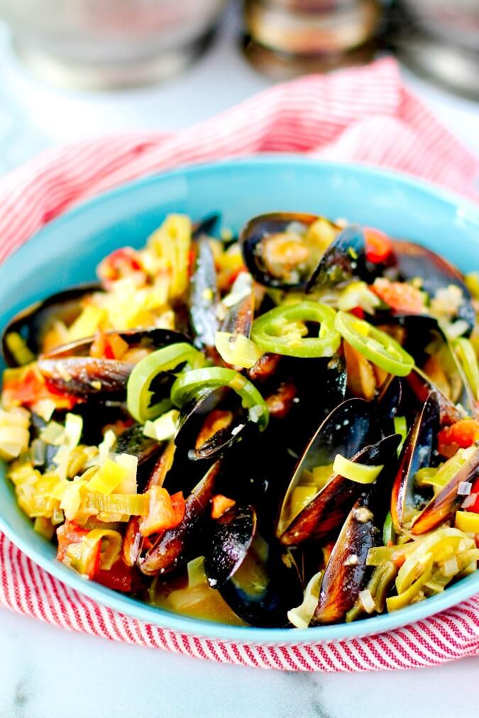 Mussels with Leeks and Chilies in a bowl