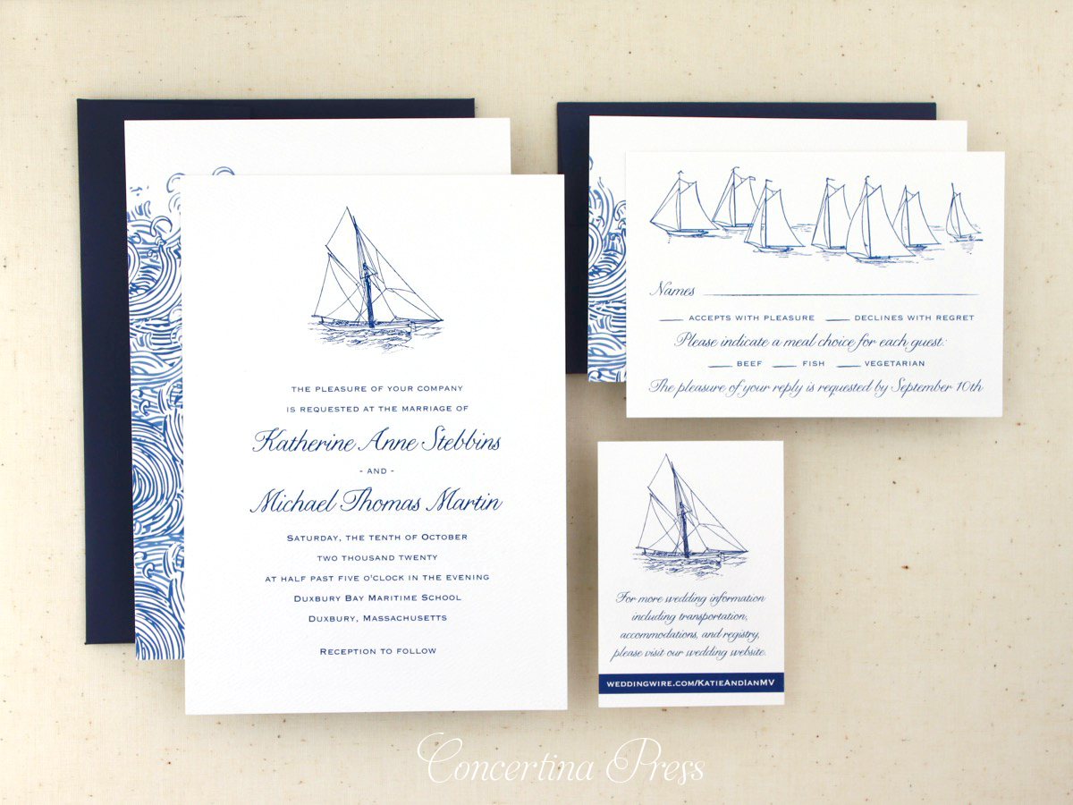 Yacht Club Wedding Invitation set with Sailboats and Waves by Concertina Press