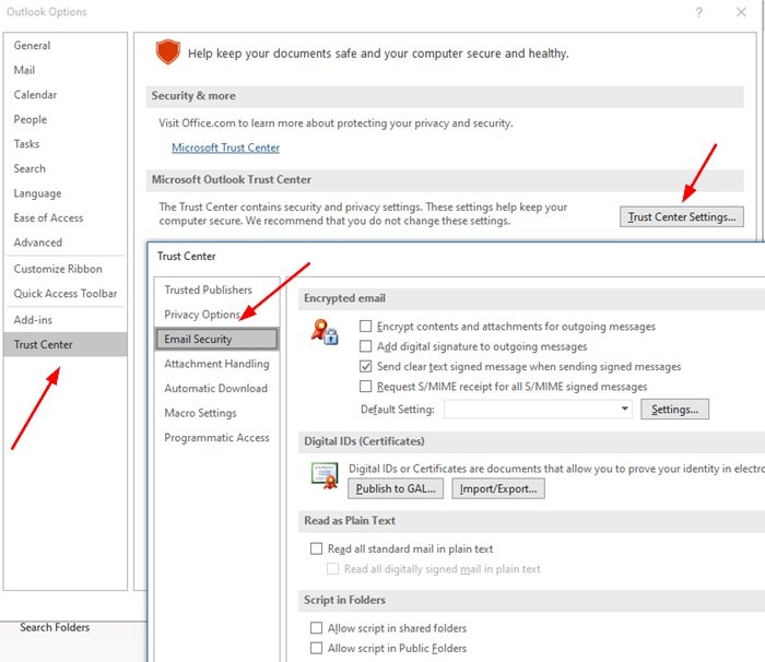 เข้ารหัสการตั้งค่าศูนย์ความเชื่อถืออีเมล Outlook