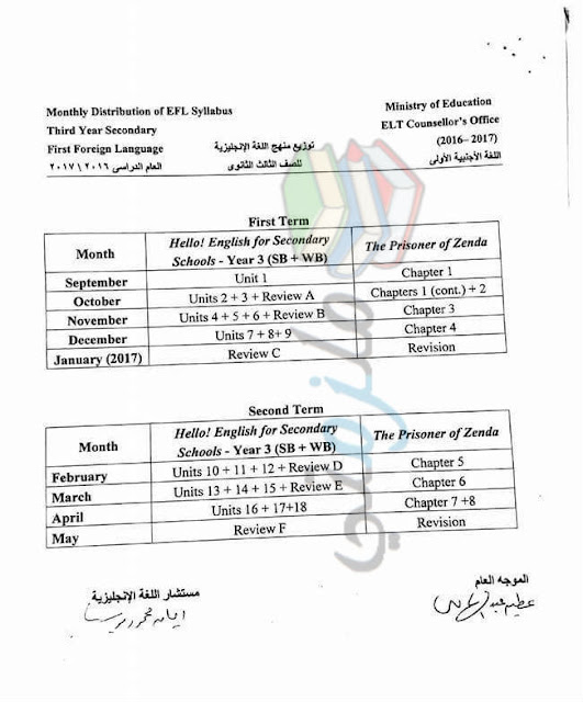 توزيع منهج اللغة الانجليزية للصف الأول الثانوي 2017