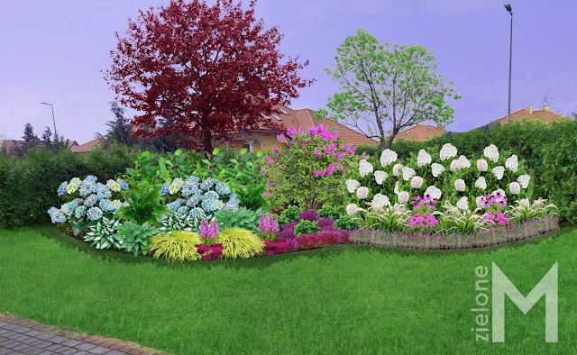 Wizualizacja małego kolorowego ogrodu w lecie
