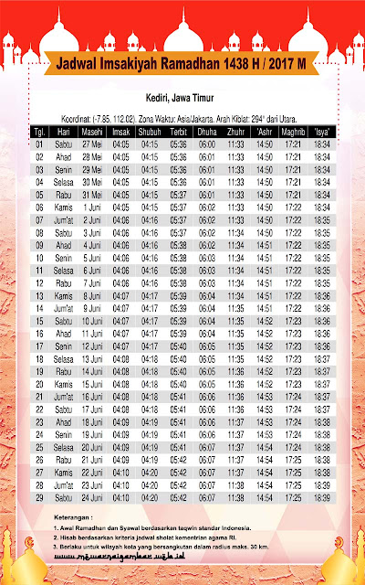 Jadwal Imsakiyah Ramadhan Kediri 1438 H 2017 M