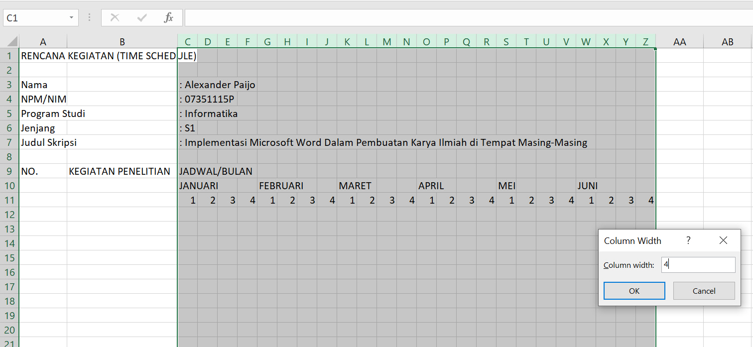 Membuat Lembar Rencana Kegiatan Time Schedule Penelitian Skripsi Menggunakan Excel Tutup Kurung