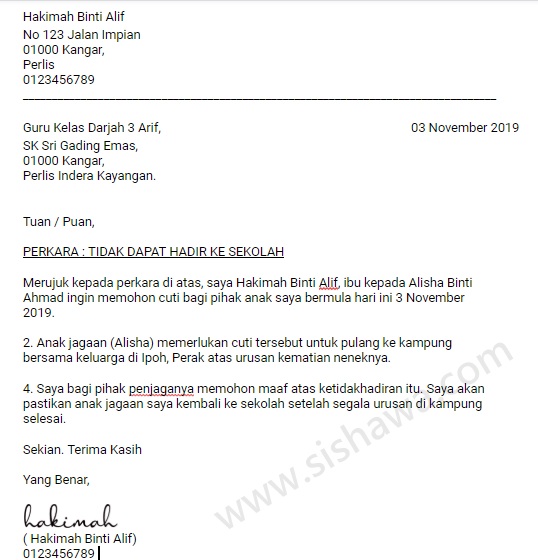 Contoh Surat Tidak Rasmi Kepada Guru Kelas