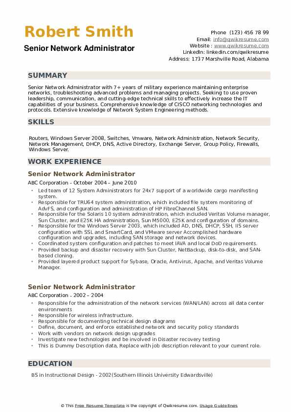 Network Administrator Resume Examples - Senior Network Administrator Resume Samples Qwikresume 