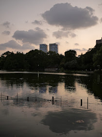 clouds reflecting on lake at dusk at Lu Xun Park in Shanghai