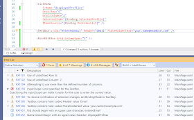 Screenshot showing XAML analysis errors