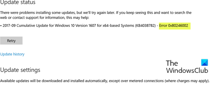 Erreur de mise à jour Windows 0x80246002