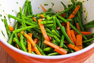 Steamed Green Beans and Carrots with Charmoula Sauce found on KalynsKitchen.com