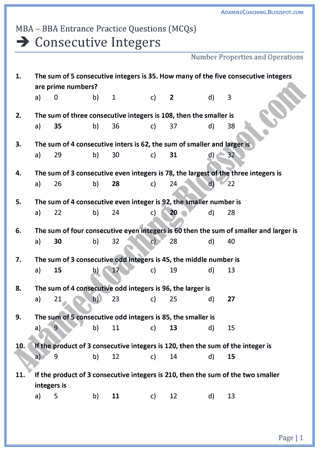 Adamjee Coaching Consecutive Integers Entrance Practice Questions