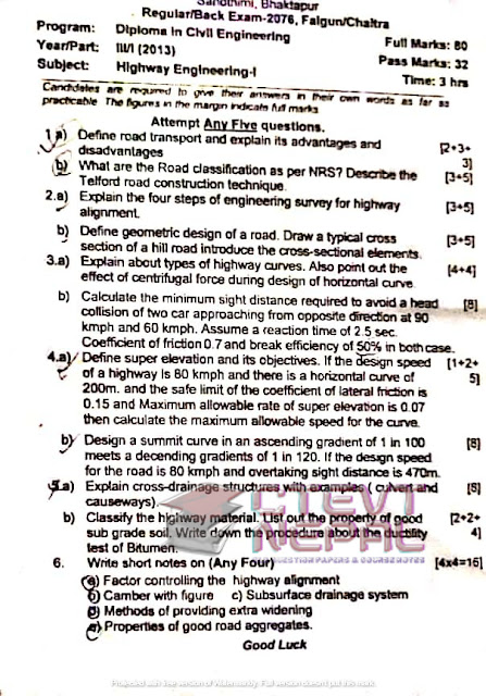 Highway Engineering I - 5th Semester Question Papers CTEVT | Diploma in ...