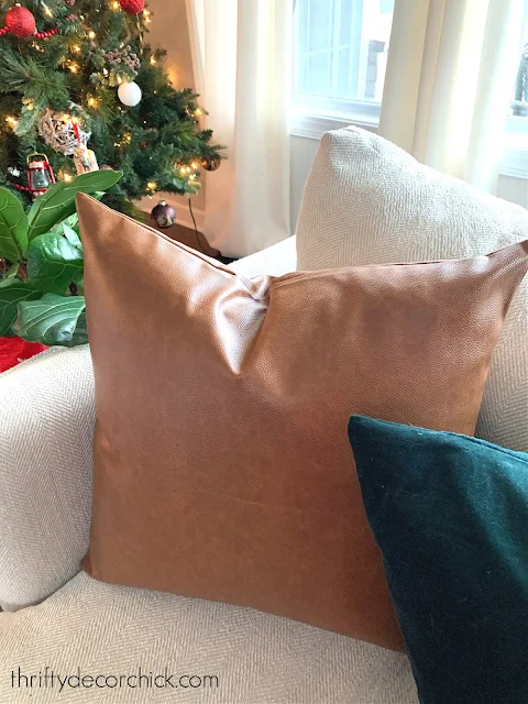faux leather pillow covers on sofa