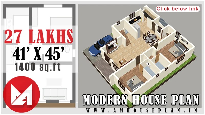 41 x 45 Modern Indian house floor plan with car parking